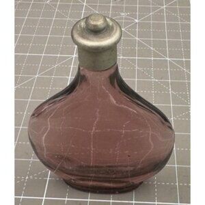 Vintage Amethyst Glass Pear Shaped Small Bottle Screw on Metal Top with Cork